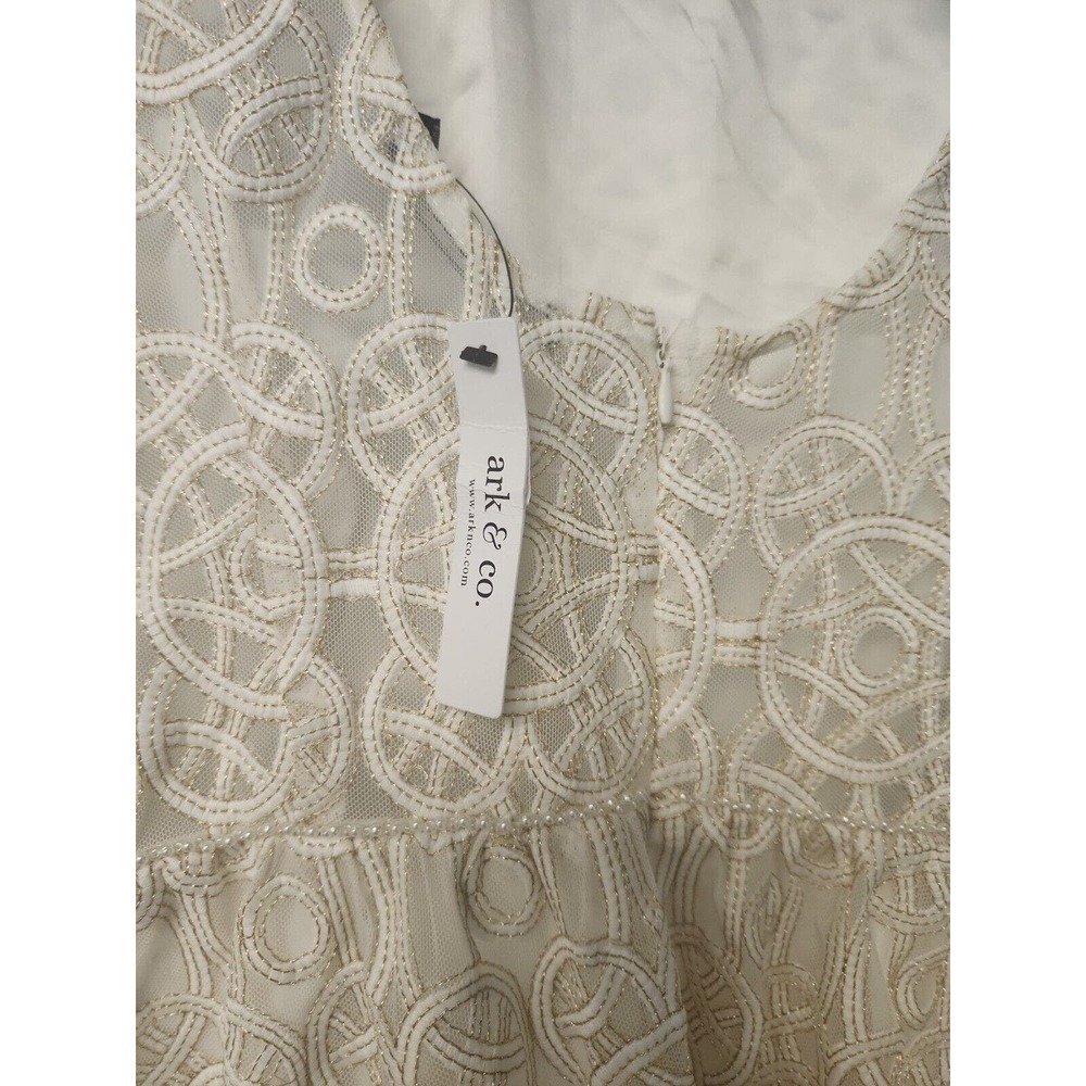 White Lined Sheer Dress Gold Embroidery Pearl Waistline Ark‎ & Co L + Video - Picture 7 of 8